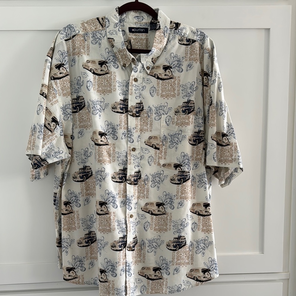 Men’s Tan and Blue Casual Button Down Shirt 3X